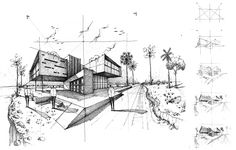 an architectural drawing of a building and trees