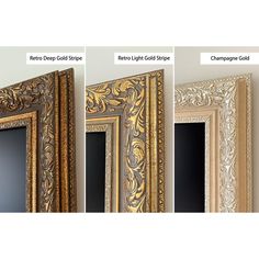 three different styles of framed art work with gold and silver paint on the edges, along with white background