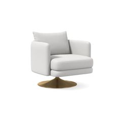 a white chair with a gold base and pillows on it's back end, in front of a white background