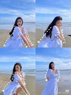 four pictures of a woman in white dress on the beach