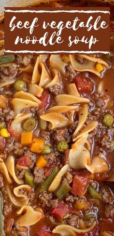 beef vegetable noodle soup in a bowl with text overlay that says beef vegetable noodle soup