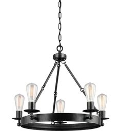 a black chandelier with five lights hanging from it's center ring and chain