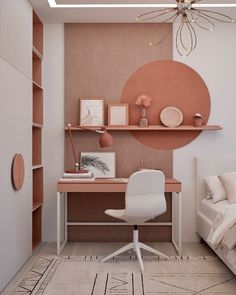 a bedroom with a bed, desk and shelves on the wall next to each other