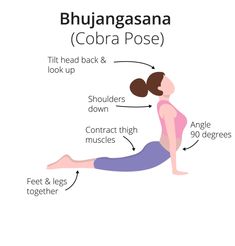 a woman doing yoga poses with the words bhujuanasana cobra pose