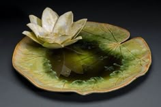 a white flower sitting on top of a green leafy bowl with water in it