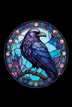 a stained glass window with a bird sitting on a branch