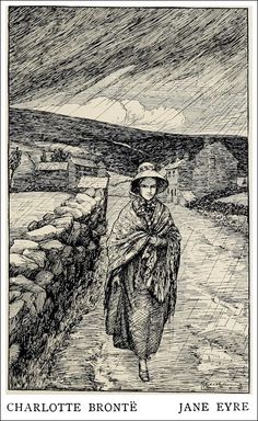 a drawing of a woman walking down a road