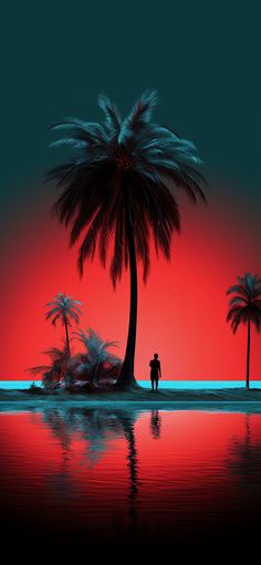 a man standing under a palm tree next to the ocean at sunset with red sky