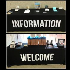 there are two tables that have information on them and some signs above the table to welcome visitors