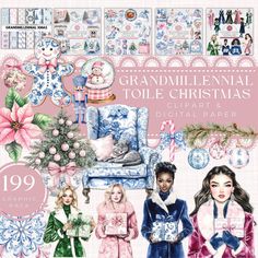 an image of a group of people in front of a christmas themed wallpaper with the words, grandmillennal tole christmas clipart and digital paper