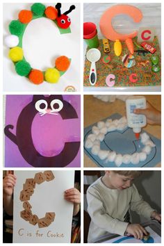 the collage shows different activities for children to do with their hands and feet, including letters