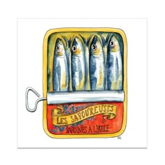 an illustration of fish in a box with the words le saurreuses on it