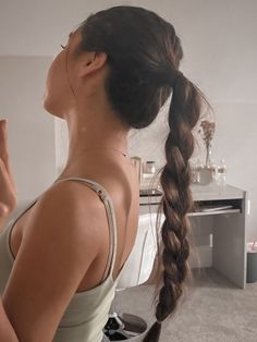 Dark Brown Hairstyles Long, Brown Hair Braid Aesthetic, Messy Braid Aesthetic, Vanilla Girl Hairstyles Brunette, Brunette Slick Back, Hairstyle Ideas For Brunettes, Dark Brown Hairstyles, Medium Length Braids, Slick Back Braid