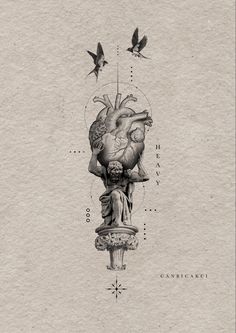 an ink drawing of a human heart on top of a statue with two birds flying around it