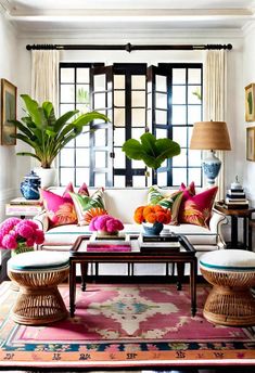 a living room filled with lots of furniture and flowers on top of a rug in front of a window