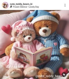 two teddy bears sitting next to each other on a bed with pink pillows and hearts