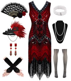 PRICES MAY VARY. Dress 20s Women's Set Packaging: 1 x sequin dress, 1 x lace fan, 1 x feather headband, 1 x long satin glove, 1 x pearl chain, 1 earring, 1 pearl bracelet, 1 x fishnet socks. The beautiful and exquisite decorations also contain popular elements of the time, such as tassels and beads, making these dresses of high quality and essential clothing for the roaring 1920s. Retro accessories of the 1920s women: Eye-catching lace folding fan add the finishing touch to your party decoration