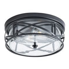 an outdoor ceiling light with clear glass in the center and black metal frame around it