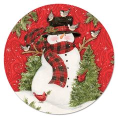 a plate with a snowman on it and birds around the neck, in front of a red background