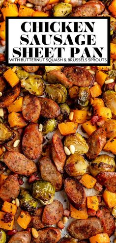 A hearty & easy Sheet Pan Chicken Sausage & Vegetables Dinner inspired by fall! Chicken apple sausage, butternut squash, & Brussels sprouts tossed in a quick maple dressing, & roast with pancetta & pine nuts to crispy, caramelly perfection. This healthy chicken sausage sheet pan is filled with the bold, rich flavors of fall. Meal prep, make-ahead, & weeknight-friendly. #sheetpandinners #fallsheetpandinners #sheetpanchickensausageandveggies #chickensausagesheetpan #chickensausage #healthy Roasted Butternut Squash And Sausage, Chicken Apple Sausage Brussel Sprouts, Apple Chicken Sausage Breakfast, Chicken Sausage Butternut Squash Recipes, Chicken Sausage Brussel Sprout Sheet Pan, Butternut Squash Chicken Sausage, Chicken Sausage And Brussel Sprouts, Healthy Chicken Sausage Dinner, Meal Prep Butternut Squash