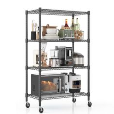 three tiered shelving unit with microwave, toaster and other items on wheels