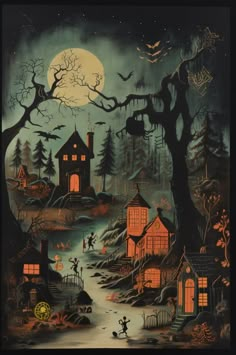 a painting of a halloween scene with creepy houses and pumpkins in the background,