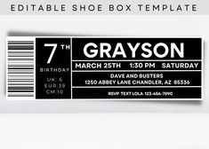 an image of a birthday party ticket with the name grayson printed in black and white