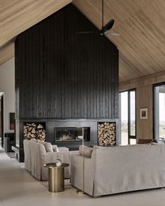 a living room with two couches and a fire place in the middle of it