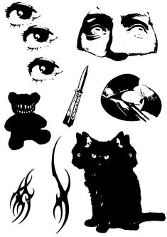 black and white silhouettes of eyes, cats, and other items