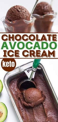 chocolate avocado ice cream in a glass dish with an avocado slice