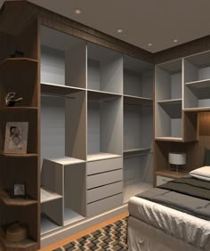 a bed sitting in a bedroom next to a book shelf