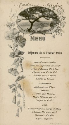 an old menu for a restaurant with flowers on the front and back cover, in french