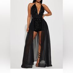 Never Worn Only Tried On Size Small A Tiny Bit Itching But Nothing Too Bad Romper With Train, Sequin Rompers, Fashion Nova Pants, Black Romper, Black Jumpsuit, Black Sequins, Fashion Nova, Pant Jumpsuit, Jumpsuit Romper