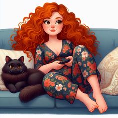 a woman with red hair sitting on a couch next to a black cat and holding a remote control