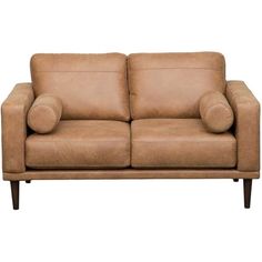 a brown leather couch sitting on top of a wooden frame