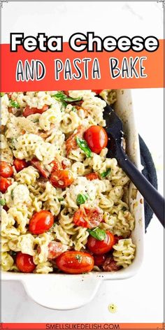 a casserole dish filled with pasta and tomatoes