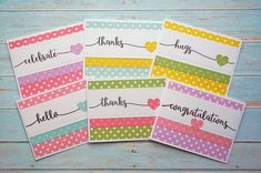 four thank cards with hearts and polka dots on them, all lined up in different colors