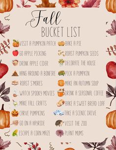 This is a list of fall bucket list full of fall activities. Fall Checklist, Halloween Bucket List, Fall Family Fun, Halloween Things, Halloween Buckets, Fall Mood, Fun Fall Activities