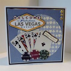 a las vegas themed card with poker chips and playing cards on the front, which reads welcome to fabulous las vegas nevada