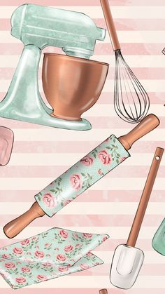 an illustration of kitchen utensils and baking supplies on a pink background with floral designs