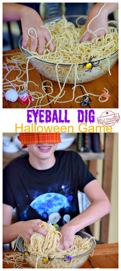 two pictures with different types of food in them and the words, eyeball dig halloween game