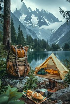 a backpack sitting next to a tent on top of a forest covered hillside near a lake