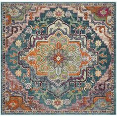 a colorful rug with an ornate design on the front and back side, in various colors