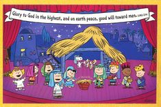 the peanuts gang singing in front of a stage with a banner saying glory to god