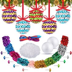 an assortment of christmas ornaments with bows and ribbons around them on a white background, surrounded by holiday decorations