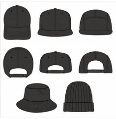 a set of six hats in different styles and sizes, all black with white stitching