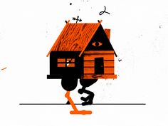 an orange and black house on top of a white background with birds flying around it