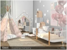 a child's bedroom decorated in pastel pinks and white with stars, teepee tent, crib, bedding, teddy bear and other items