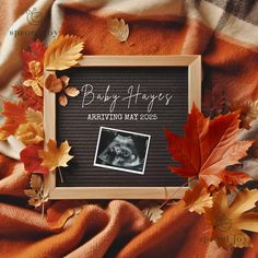 a photo frame sitting on top of a blanket with leaves around it and an image of a baby