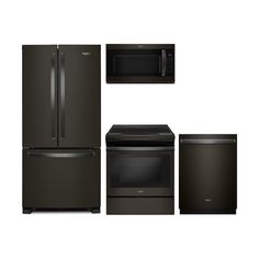 a black refrigerator, stove, microwave and other kitchen appliances are shown in this image